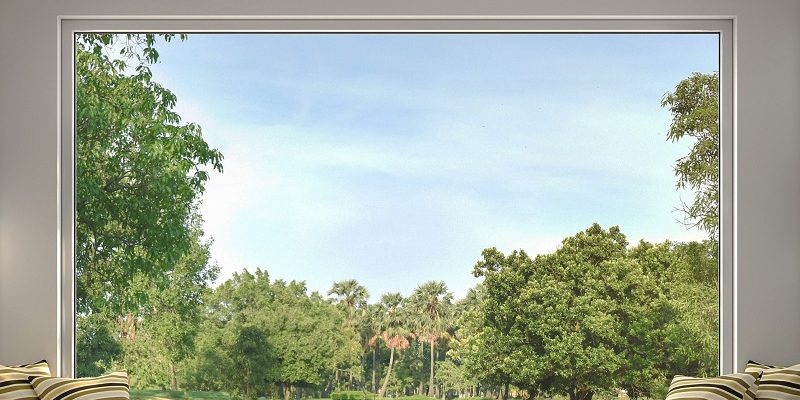 Modern living room with garden view 3d render